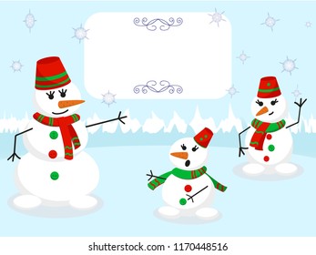 Vector blank snowmen and a place for a label or photo. Children's cartoon character on a blue background with snowflakes