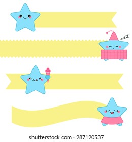 Vector blank template with kawaii stars on ribbons for your text. Set of cute emotional faces, boys and girls