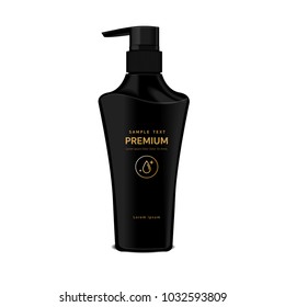 Vector blank template. Mock-up of black plastic bottle with black cap. Realistic 3d container for body lotion, shampoo, milk for skin care. Empty and clean packaging for cosmetic product. Isolated