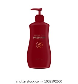 Vector blank template. Mock-up of red plastic bottle with  cap. Realistic 3d container for body lotion, shampoo, milk for skin care. Empty and clean packaging for cosmetic product. Isolated