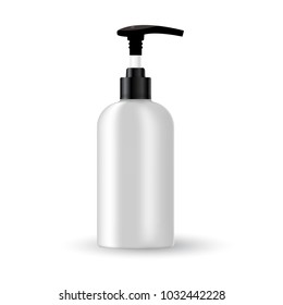 Vector blank template. Mock-up of white plastic bottle 
with black cap. Realistic 3d container for body lotion, shampoo, milk for skin care. 
Empty and clean packaging for cosmetic product. Isolated o