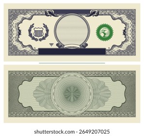 Vector blank template in vintage paper money style. Retro banknote sample with guilloche patterns. Obverse and reverse. Symmetrical beautiful bill. Shield, eagle and wreath