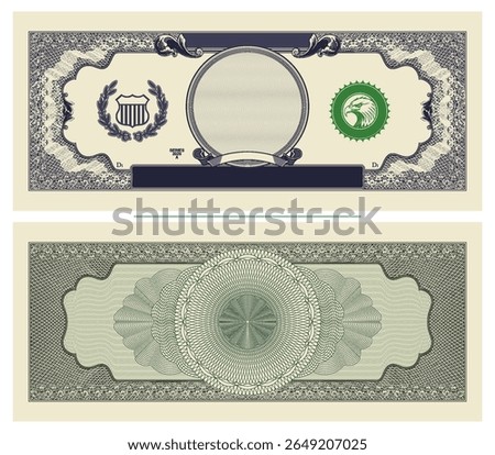 Vector blank template in vintage paper money style. Retro banknote sample with guilloche patterns. Obverse and reverse. Symmetrical beautiful bill. Shield, eagle and wreath