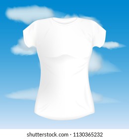 vector blank template white women's fitted t-shirt on blue sky background and clouds. mockup t-shirt concept for design and printing.