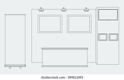 Vector Blank trade exhibition booth stand with table, roll up, tv, frames and tablets. Trendy outline style