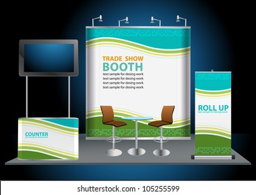 Vector Blank trade exhibition stand with widescreen lcd monitor, counter, chair, roll-up banner and lights with identity background ready for use.