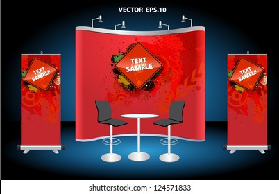 Vector Blank trade exhibition stand, with roll up banner and identity Grunge background. Watercolor background