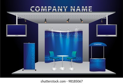 Vector Blank trade exhibition stand with widescreen lcd monitor, counter, chair, roll-up banner and lights with identity background ready for use.