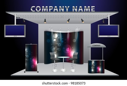 Vector Blank trade exhibition stand with widescreen lcd monitor, counter, chair, roll-up banner and lights with identity background ready for use.