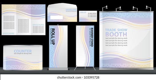 Vector blank trade show booth, With brochure, Envelope, name card, counter and roll up banner stand. identity background design ready for use.