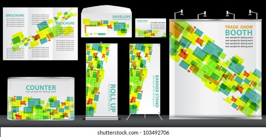 Vector Blank Trade Show Booth, With Folder Brochure, Envelope, Name Card, Counter And Roll Up Banner Stand. Identity Background Design Ready For Use.