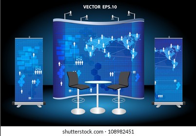 Vector Blank Trade Show Booth, With Roll Up Banner And Virtual Business Network Process Diagram Identity Background Ready For Use.