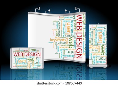 Vector blank trade show booth with roll up banner and counter, with web design wordcloud identity background ready for use.