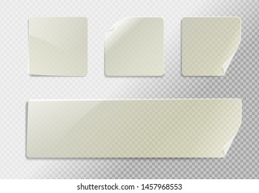 Vector blank transparent plastic square adhesive sticker mock up with curved corner. Empty quadratic sticky label banner mockup with fold. Clear adherent tag template for glass surface