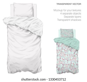 Vector blank white bed mock up for your design and fabric textures. Pillows and blanket with transparent shadows. View from the top