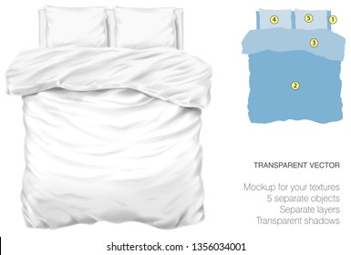 Vector blank white bed mock up for your design and fabric textures. Pillows and blanket with transparent shadows. View from the top