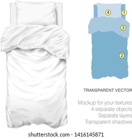 Vector blank white bed mock up for your design and fabric textures. Pillows and blanket with transparent shadows. View from the top