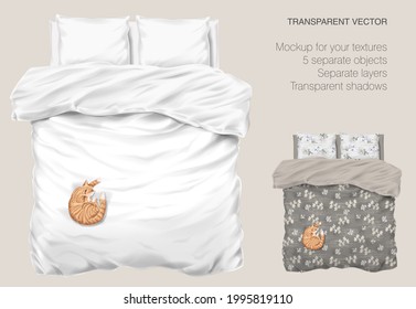 Vector blank white bed mock up for your design and fabric textures. Pillows and blanket with transparent shadows. Orange cat slipping on the bed. View from the top.