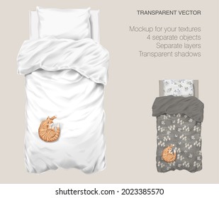 Vector blank white bed mock up for your design and fabric textures. Pillows and blanket with transparent shadows. Orange cat slipping on the bed. View from the top