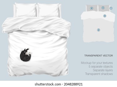 La cama blanca vectorial se burla de tu diseño y texturas de tela. Las almohadas y la manta con sombras transparentes. Gato gris resbalando en la cama. Ver desde arriba