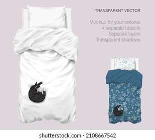 Vector blank white bed mock up for your design and fabric textures. Pillows and blanket with transparent shadows. Gray cat slipping on the bed. View from the top