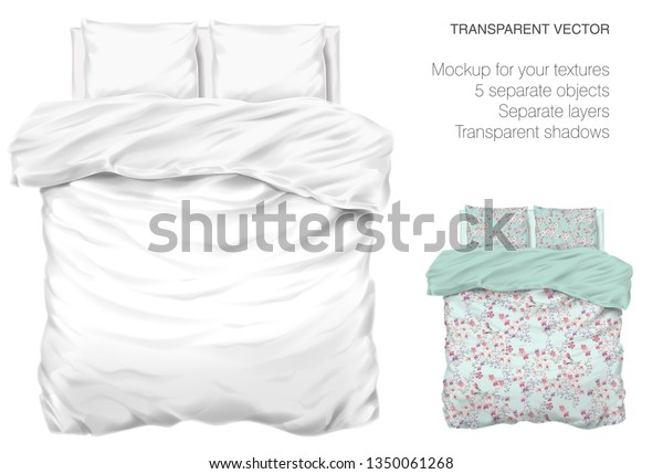デザインと布地のテクスチャーに合わせてモックアップするベクター空白のベッド 透明な影を持つ枕と毛布 上から表示 のベクター画像素材 ロイヤリティフリー
