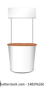 Vector blank white exhibition event presentation table with wooden elements. Promotion retail trade stand or promotion counter display with top panel. Mockup or template isolated on a white background