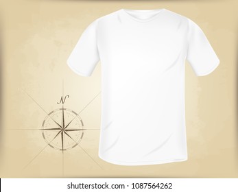 vector blank white men's t-shirt template on old nautical map background. mocap for clothing and print design