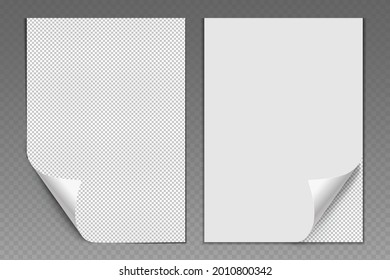 Vector blank white paper with folded corner. Realistic pages set of office forms or school notebook isolated on transparent background. Sheets of paper with shadow. Empty place for your text. EPS10