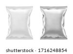 Vector blank white plastic and silver metallic foil bag for packaging design. Mockup template for food snack, chips, cookies, peanuts, candy. Realistic illustration Isolated on white background