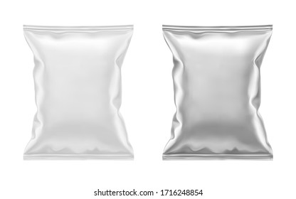 Vector blank white plastic and silver metallic foil bag for packaging design. Mockup template for food snack, chips, cookies, peanuts, candy. Realistic illustration Isolated on white background