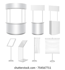 Vector blank white promotion counter and display stand, flag banner mockup set.