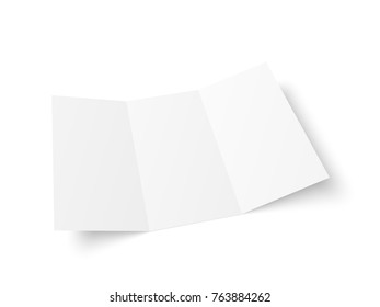 Vector blank white trifold booklet opened on white background. Front side. Tri folded paper sheet in A4. Mock up of empty cover or flyer isolated. 3D illustration.