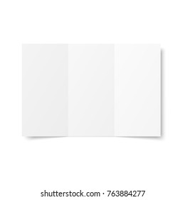 Vector blank white trifold booklet opened on white background. Front side. Tri folded paper sheet in A4. Mock up of empty cover or flyer isolated. 3D illustration