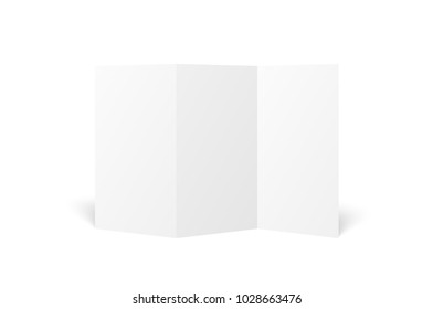 Vector blank white trifold leaflet opened on white background. top view. Zigzag folded paper sheet in A4. Mock up of empty cover, leaflet, brochure, pamphlet, flyer isolated. 3D illustration