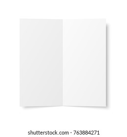 Vector blank white twofold booklet opened on white background. Top view. Front side. Two folded paper sheet in A4. Mock up of empty cover or flyer isolated. 3D illustration