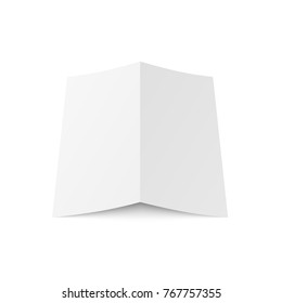 Vector blank white twofold booklet opened on white background. Back side. Two folded paper sheet in A4. Mock up of empty cover or flyer isolated. 3D illustration.
