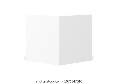 Vector blank white twofold leaflet opened on white background. Folded paper sheet in A4. Mock up of standing empty cover, leaflet, brochure, pamphlet, flyer isolated. 3D illustration. Back side.