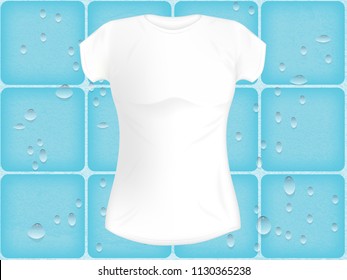 vector blank white women's template fitted t-shirt on a background of large ceramic tiles with water drops. grunge background. mockup t-shirt concept for design and printing.