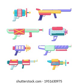 Vector blasters collection. Colorful toy gun set. Futuristic weapon design. Space game gun icons on white background.