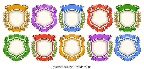 Vector Blazon Set, collection of 10 isolated illustrations colorful medieval blazons with empty copy space, group of variety vintage blazon templates for slogan with olive branches on white background