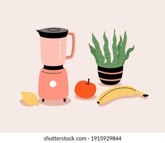 Vector blender and fruits for smoothie. Kitchen poster, print . Cartoon flat illustration