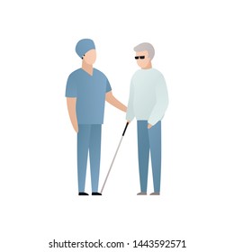 Vector blind character people flat illustration. Medical worker in uniform care of senior man with glasses and stick isolated on white. Modern design element for healthcare service, accessebility