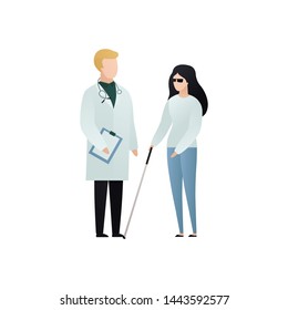 Vector blind character people flat illustration. Doctor in uniform care of patient with glasses and cane isolated on white. Modern design element for healthcare service, accessebility, social work