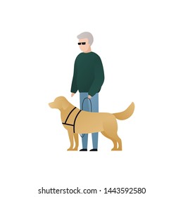 Vector blind character people flat illustration. Pair of senior man and guide dog stand isolated on white background. Modern design element for social care service, diversity, accessebility, guidance