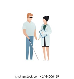 Vector blind character people flat illustration. Doctor in uniform care of patient with glasses and cane isolated on white. Modern design element for healthcare service, accessebility, social work