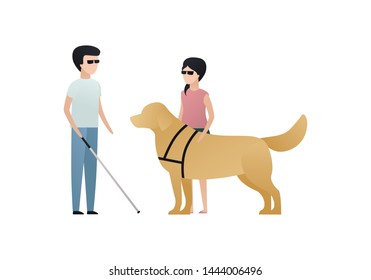 Vector blind character people flat illustration. A pair of kid in glasses with stick and guide dog standing isolated on white. Modern design element for social care service, guidance, friendship