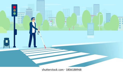 Vector of blind man with sunglasses and cane crossing the street 