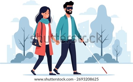 Vector of Blind person walking with partner hand in hand