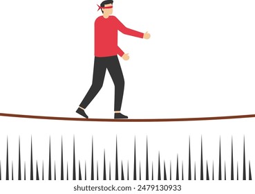 Vector blindfolded businessman in a predicament balancing on tightrope illustration

